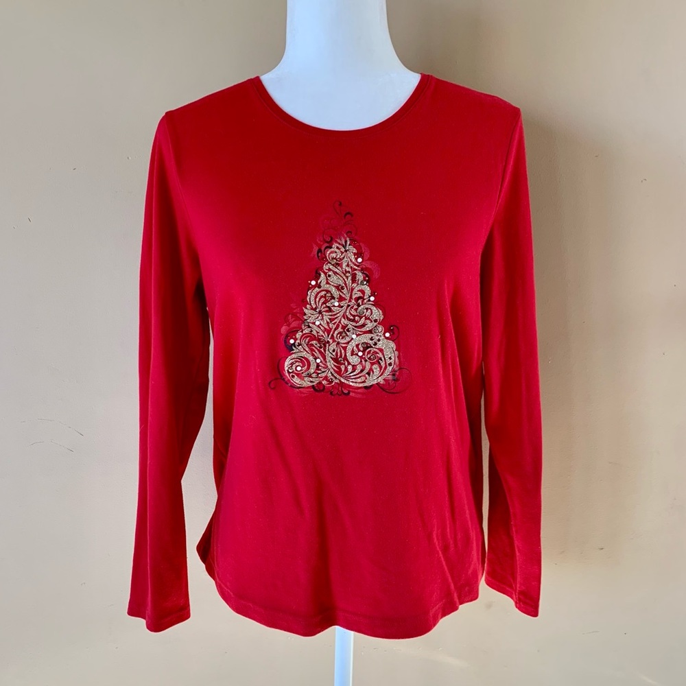 Croft & Barrow Petite Large Christmas Holiday Red Gold Tree Shirt Top